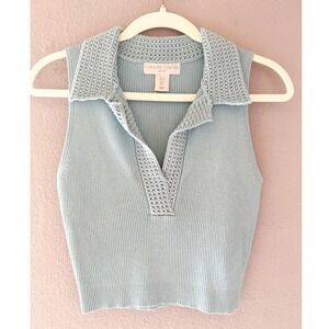Caroline Constas Knit Blue Ribbed V Neck Crochet Collar Tank Top Size‎ Small